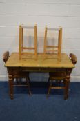 A MODERN PINE KITCHEN TABLE, width 122cm, two pine chairs and a pair of beech bar stools (5)