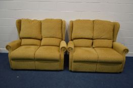 A GOLD UPHOLSTERED TWO PIECE LOUNGE SUITE comprising of two two seater settee's width 137cm