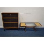 AN AFROMOSIA SLIDING GLAZED BOOKCASE, on a metal base, width 92cm along with a teak glass and tile