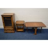 AN ERCOL GOLDEN DAWN ASH LAMP TABLE with a single drawer, along with a matching drop leaf occasional