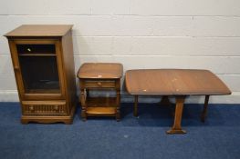 AN ERCOL GOLDEN DAWN ASH LAMP TABLE with a single drawer, along with a matching drop leaf occasional
