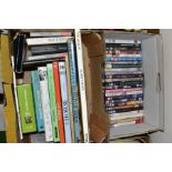 TWO BOXES OF BOOKS, CD'S AND DVD'S, including French books on dogs, etc, CD's include big band,