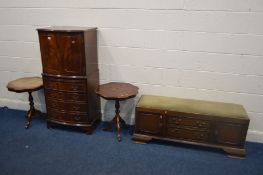 A MODERN MAHGOGANY DRINKS CABINET (key) a pair of Italian tripod tables, and an oak window seat with