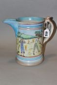 A LARGE DENBY GLYN COLLEDGE JUG, with hand painted Harvest scene, signature to base and black '