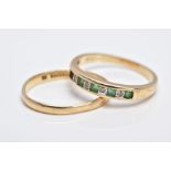 A 9CT GOLD EMERALD AND DIAMOND HALF HOOP RING AND A 9CT GOLD BAND, the half hoop ring designed