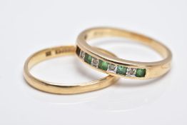 A 9CT GOLD EMERALD AND DIAMOND HALF HOOP RING AND A 9CT GOLD BAND, the half hoop ring designed