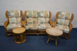 A THREE PIECE CONSERVATORY SUITE comprising a two seater settee, width 129cm, and a pair of