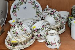WEDGWOOD 'HATHAWAY ROSE', R4317, comprising cake plate, milk jug, covered twin handled sugar bowl,
