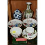 A SMALL GROUP OF ORIENTAL AND CONTINENTAL PORCELAIN, including a Herend cabinet cup and saucer, hand