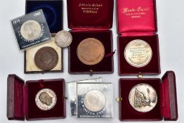 A SMALL PLASTIC BOX OF MEDALS AND COMMEMORATIVES, to include three white metal medals to Norbet