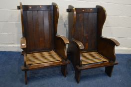 A PAIR OF EARLY TO MID 20TH CENTURY ARTS AND CRAFTS OAK ARMCHAIRS, width 70cm x depth 80cm x