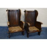 A PAIR OF EARLY TO MID 20TH CENTURY ARTS AND CRAFTS OAK ARMCHAIRS, width 70cm x depth 80cm x