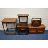 A QUANTITY OF OAK OCCASIONAL FURNITURE, to include a low two door cupboard, nest of three tables,