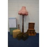 AN EARLY TO MID 20TH CENTURY MAHOGANY STANDARD LAMP, with a pink fabric shade, together with three