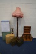 AN EARLY TO MID 20TH CENTURY MAHOGANY STANDARD LAMP, with a pink fabric shade, together with three