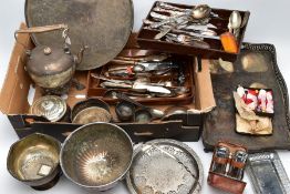 A BOX OF METALWARE, to include a large 'Barker Ellis' EPCA foliate engraved circular tray, a white