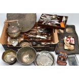 A BOX OF METALWARE, to include a large 'Barker Ellis' EPCA foliate engraved circular tray, a white