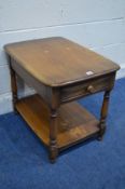 AN ERCOL GOLDEN DAWN ASH LAMP TABLE with a single drawer, width 67cm x depth 49cm x height 55cm