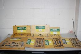 THREE METRIC , TWO BSW, ONE BSF AND ONE UNF PRESTO TAP AND DIE SETS (7)