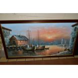 MAX SAVY (20TH CENTURY), A fishing harbour at sunset, signed lower left, oil on canvas, framed, size