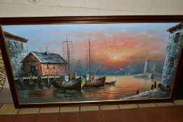 MAX SAVY (20TH CENTURY), A fishing harbour at sunset, signed lower left, oil on canvas, framed, size