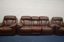 A BROWN LEATHER ELECTRIC THREE PIECE LOUNGE SUITE, comprising a three seater settee, width 229cm and