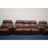 A BROWN LEATHER ELECTRIC THREE PIECE LOUNGE SUITE, comprising a three seater settee, width 229cm and