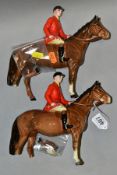 TWO BESWICK HUNTSMEN, No 1501, both brown horses, one with two legs loose and mark to ear, the other