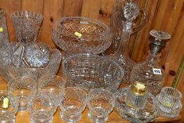 A PARCEL OF CUT GLASS, ETC, to include a silver collar Prussian form decanter with mushroom