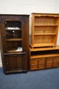 AN OAK GLAZED CORNER CUPBOARD, together with a modern pine open bookcase and a Nathan teak two