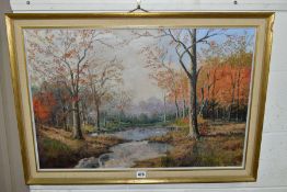 P. KILNER (20TH CENTURY) 'OCTOBER MORN', an autumn woodland landscape, signed bottom right, dated