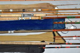 A BUNDLE OF FIVE CANE FISHING RODS, comprising a cane Anonshaw Amesbury two section rod, cork
