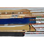 A BUNDLE OF FIVE CANE FISHING RODS, comprising a cane Anonshaw Amesbury two section rod, cork