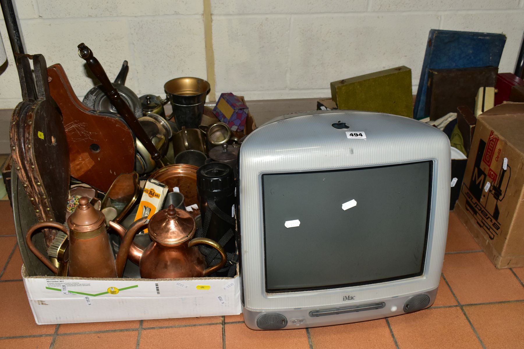 THREE BOXES OF METALWARES, ETC, five loose pictures, IMAC monitor and a boxed Eumig Projector, the