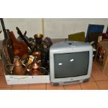 THREE BOXES OF METALWARES, ETC, five loose pictures, IMAC monitor and a boxed Eumig Projector, the