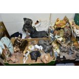 TWO BOXES AND LOOSE ANIMAL AND BIRD SCULPTURES AND ORNAMENTS IN CERAMIC AND RESIN, ETC, including