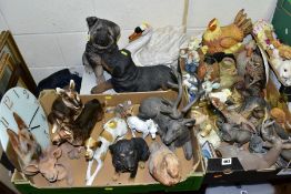 TWO BOXES AND LOOSE ANIMAL AND BIRD SCULPTURES AND ORNAMENTS IN CERAMIC AND RESIN, ETC, including