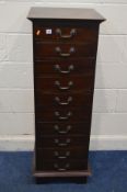 A TALL SLIM MODERN HARDWOOD CHEST OF TEN DRAWERS, with swan neck handles, width 46cm x depth 46cm