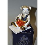A BOXED ROYAL CROWN DERBY PAPERWEIGHT, 'Scottish Teddy-Shona' with gold stopper and certificate (