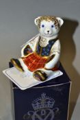 A BOXED ROYAL CROWN DERBY PAPERWEIGHT, 'Scottish Teddy-Shona' with gold stopper and certificate (