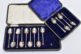 TWO CASED, INCOMPLETE SETS OF TEASPOONS, the first a black rectangular case holding eight plain