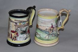 TWO GLYN COLLEDGE OF DENBY HAND PAINTED CONICAL TANKARDS, one with yellow rims painted with a fox