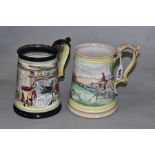 TWO GLYN COLLEDGE OF DENBY HAND PAINTED CONICAL TANKARDS, one with yellow rims painted with a fox