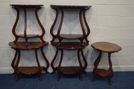 THREE MATCHING MODERN MAHOGANY EFFECT SIDE TABLES, along with a matching smaller side table and a