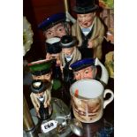 A COLLECTION OF ROYAL DOULTON CHARACTER AND TOBY JUGS, TWO AIR MINISTRY EPNS TEASPOONS, ETC,