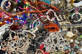 A LARGE BOX OF COSTUME JEWELLERY, to include bangles, bracelets, beaded necklaces, rings,