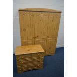 A MODERN PINE EFFECT TRIPLE DOOR WARDROBE, width 142cm x depth 54cm x height 184cm together with a