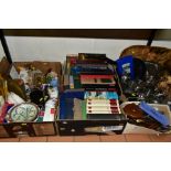 FOUR BOXES OF CUTLERY, BOOKS, STAINLESS STEEL, ASSORTED CERAMICS, ETC, including a cylindrical