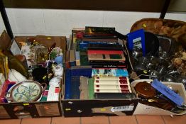 FOUR BOXES OF CUTLERY, BOOKS, STAINLESS STEEL, ASSORTED CERAMICS, ETC, including a cylindrical