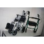 AN ABLEWORLD FOLDING WHEELCHAIR with footrests and a Days Disability walker (2)